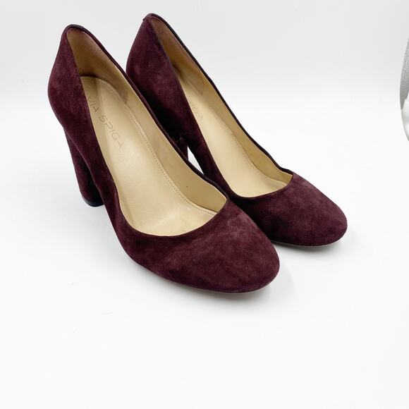 Via Spiga Burgundy Red Wine Suede Block Heeled Pumps Round Toe 7.5 M - Picture 9 of 9